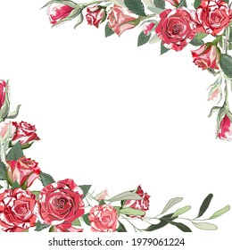 Template for congratulations, wedding cards from red and white roses with leaves and green branches. Square vector illustration isolated on white background. Wedding. Valentine's Day. March 8.