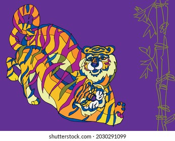 Template for congratulations with the year of the tiger. Playing tigers on a lilac background. Vector eps 10.