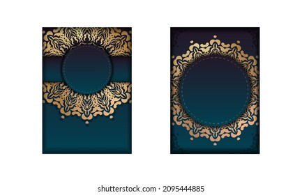 Plantilla Folleto de felicitación con color azul gradiente con adorno de oro vintage para su diseño.