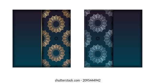 Template Congratulatory Brochure with gradient blue color with luxurious gold ornaments for your brand.
