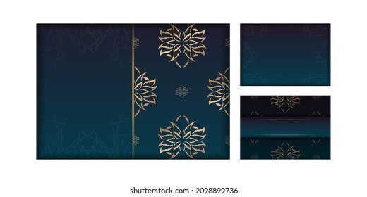 Template Congratulatory Brochure with gradient blue color with Indian gold ornaments for your brand.