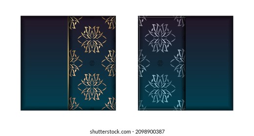 Plantilla Folleto de felicitación con color azul gradiente con patrón de oro indio para su diseño.