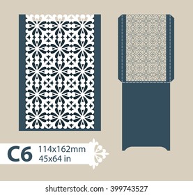 Template congratulatory envelope with carved openwork pattern. Template is suitable for greeting cards, invitations, menus, etc. Picture suitable for laser cutting or printing. Vector. Easy to edit