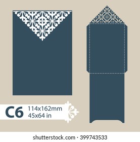 Template congratulatory envelope with carved openwork pattern. Template is suitable for greeting cards, invitations, menus, etc. Picture suitable for laser cutting or printing. Vector. Easy to edit