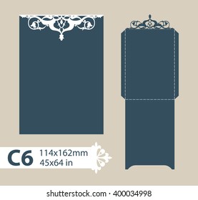 Template congratulatory envelope with carved openwork pattern. Template is suitable for greeting cards, invitations, menus, etc. Picture suitable for laser cutting or printing. Vector. Easy to edit