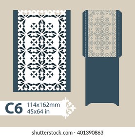 Template congratulatory envelope with carved openwork pattern. Template is suitable for greeting cards, invitations, menus, etc. Picture suitable for laser cutting or printing. Vector. Easy to edit