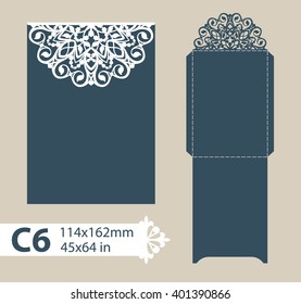 Template congratulatory envelope with carved openwork pattern. Template is suitable for greeting cards, invitations, menus, etc. Picture suitable for laser cutting or printing. Vector. Easy to edit