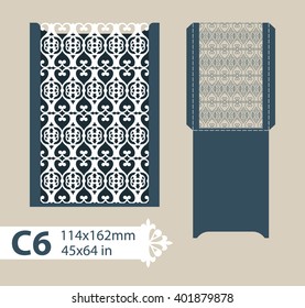 Template congratulatory envelope with carved openwork pattern. Template is suitable for greeting cards, invitations, menus, etc. Picture suitable for laser cutting or printing. Vector. Easy to edit