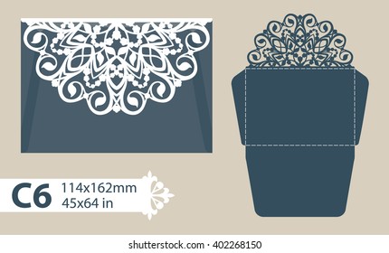 Template congratulatory envelope with carved openwork pattern. Template is suitable for greeting cards, invitations, menus, etc. Picture suitable for laser cutting or printing. Vector. Easy to edit
