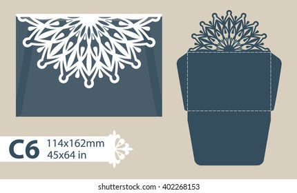 Template congratulatory envelope with carved openwork pattern. Template is suitable for greeting cards, invitations, menus, etc. Picture suitable for laser cutting or printing. Vector. Easy to edit