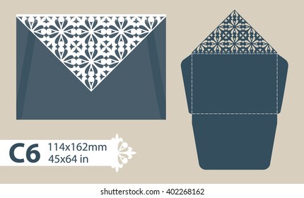 Template congratulatory envelope with carved openwork pattern. Template is suitable for greeting cards, invitations, menus, etc. Picture suitable for laser cutting or printing. Vector. Easy to edit
