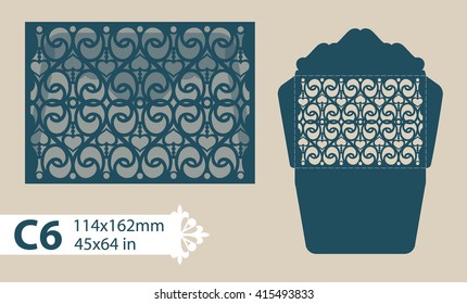 Template congratulatory envelope with carved openwork pattern. Template is suitable for greeting cards, invitations, menus, etc. Picture suitable for laser cutting or printing. Vector. Easy to edit