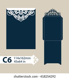 Template congratulatory envelope with carved openwork pattern. Template is suitable for greeting cards, invitations, menus, etc. Picture suitable for laser cutting or printing. Vector. Easy to edit