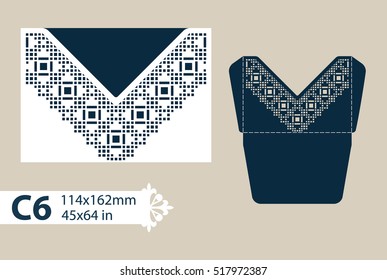 Template congratulatory envelope with carved openwork pattern. Template is suitable for greeting cards, invitations, etc. Picture suitable for laser cutting or printing. Vector. Easy to edit