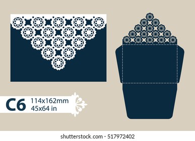 Template congratulatory envelope with carved openwork pattern. Template is suitable for greeting cards, invitations, etc. Picture suitable for laser cutting or printing. Vector. Easy to edit