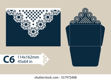Template congratulatory envelope with carved openwork pattern. Template is suitable for greeting cards, invitations, etc. Picture suitable for laser cutting or printing. Vector. Easy to edit