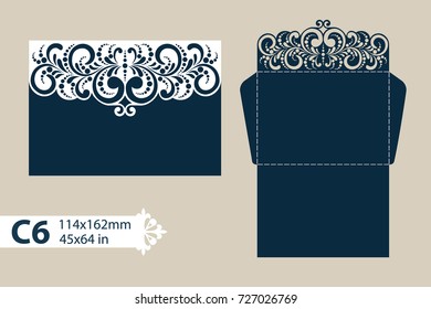 Template congratulatory envelope with carved openwork pattern. Pattern is suitable for greeting cards, invitations, menus, etc. Picture suitable for laser cutting or printing. Vector