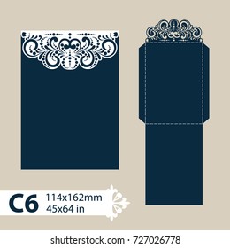 Template congratulatory envelope with carved openwork pattern. Pattern is suitable for greeting cards, invitations, menus, etc. Picture suitable for laser cutting or printing. Vector