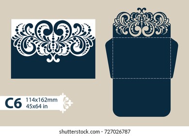 Template congratulatory envelope with carved openwork pattern. Pattern is suitable for greeting cards, invitations, menus, etc. Picture suitable for laser cutting or printing. Vector