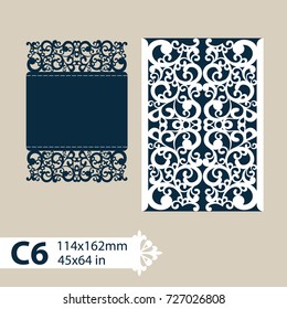 Template congratulatory envelope with carved openwork pattern. Pattern is suitable for greeting cards, invitations, menus, etc. Picture suitable for laser cutting or printing. Vector