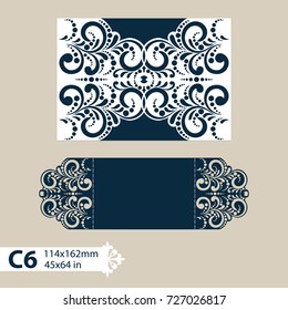 Template congratulatory envelope with carved openwork pattern. Pattern is suitable for greeting cards, invitations, menus, etc. Picture suitable for laser cutting or printing. Vector