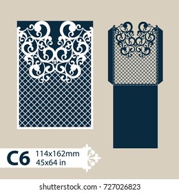Template congratulatory envelope with carved openwork pattern. Pattern is suitable for greeting cards, invitations, menus, etc. Picture suitable for laser cutting or printing. Vector