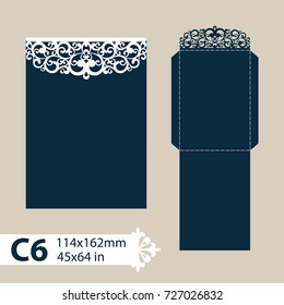 Template congratulatory envelope with carved openwork pattern. Pattern is suitable for greeting cards, invitations, menus, etc. Picture suitable for laser cutting or printing. Vector