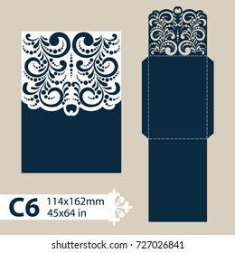 Template congratulatory envelope with carved openwork pattern. Pattern is suitable for greeting cards, invitations, menus, etc. Picture suitable for laser cutting or printing. Vector