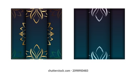 Plantilla de enhorabuena Volante con color azul gradiente con patrón oro abstracto para su marca.