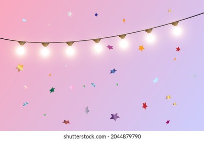 Template for a congratulatory illustration with balloons, poppers and garlands.