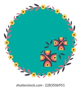 A template for a congratulatory postcard or banner with a design in the shape of a circle. The concept of floral ornament. A round frame with a geometrical style of butterflies.