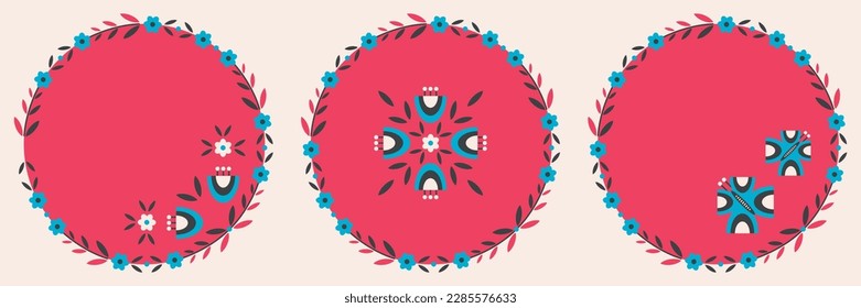 A template for a congratulatory postcard or banner with a design in the shape of a circle. The concept of floral ornament. A set of frames with  a geometrical style butterflies, daisies and bells