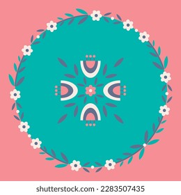 A template for a congratulatory postcard with a circle form. The concept of floral ornament. A round frame with a symmetric mirror composition. Stylized daisies with bells.