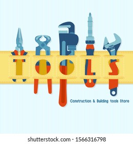 Template for construction and building tools store banner. Tools for house repair and constructing in a tool belt. Vector illustration.