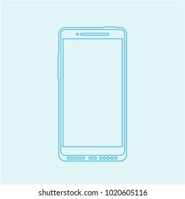 Template of contour modern mobile phone. Blue outline. Wireframe. With message and chats interface. Vector, isolated. Concept illustration. On blue background