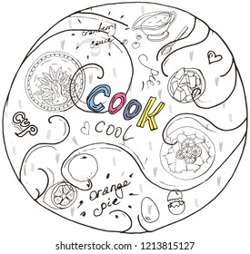 Template "Cook cool". Doodle-style elements in the form of pies, cranberry sauce and ingredients can be used in thanksgiving design or illustrating daily recipes.