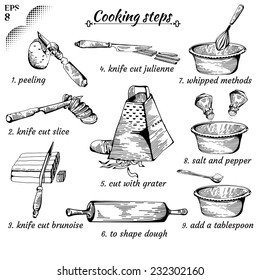 Template or Cookbook. Recipe of dish. Cooking steps. Methods of Cooking. Slicing food into cubes. Process of cookery. Editable Cooking design element. Illustration in a doodled style. Eps 8