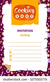 Template cookie shop logo, poster, banner, flyer. Concept image for eco natural cooking product. Invitation card with text open space for sweet event, party. 