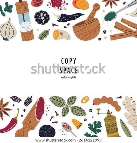 Template with copy space with hand drawn spices, herbs, wooden scoops, mortar and pestle. Exotic cooking ingredients and seasoning for culinary projects, vector illustration card, web banner