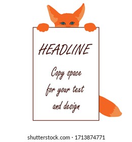 Template with copy space for website, social media with cute little red fox. Isolated character on a white background in flat style. Blank for kids menu, check list, announcement, school schedule
