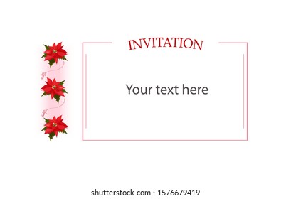 Template with copyspace for your text in thin pink frame and elegant vertical border of three red poinsettia flowers, traditional plant Christmas star, and flourishes. For prints, web design etc
