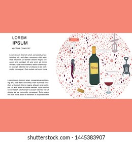 Template with corkscrew, wine bottle round composition for copy space. Poster, banner, print design element. Vector illustration.