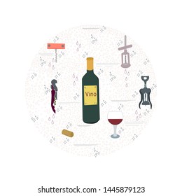 Template with corkscrews, wine bottle round composition. Wine cork screw, bottle opener equipment. Circle border for text. Poster, banner, print, textile design element. Vector illustration.