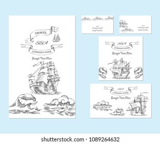 Template corporate identity with waves and  sailing vessels. Background for printed media design. Business card, invitation, greeting card, postcard. Vector Illustration