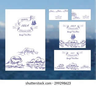Template corporate identity with waves.Hand drawing background for printed media design. Business card, invitation, greeting card, postcard.Ships ans waves. Vector Illustration