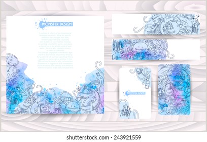 Template for corporate style. Abstract monsters and doodles. Watercolor background. Hand drawn. Cartoon design. Outline illustration.