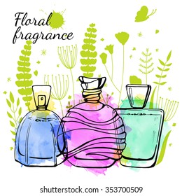 Template cosmetic card. Hand drawn illustration. Perfume and flowers. Watercolor. Sketch.