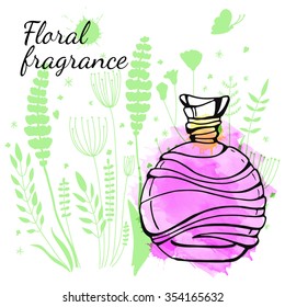 Template cosmetic card. Hand drawn illustration. Perfume and flowers. Watercolor. Sketch.