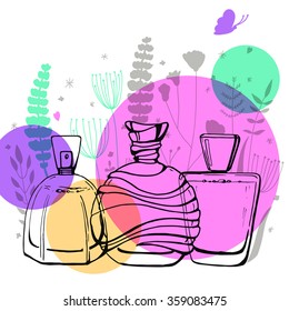 Template cosmetic card. Hand drawn illustration. Perfume and flowers. Sketch.