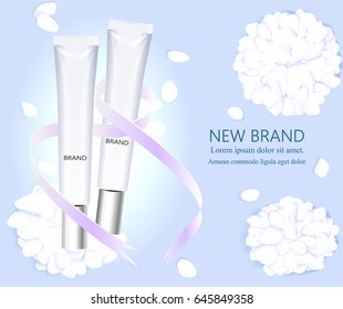 Template and cosmetic design. Two empty bottles on the background of flower petals. Vector illustration.